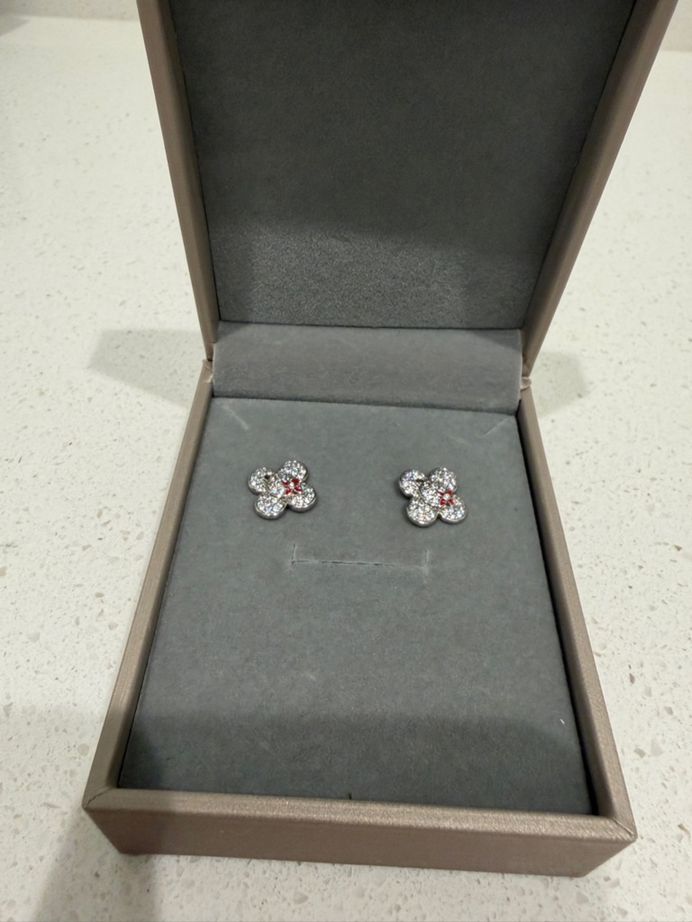 Crystal Flower Stud Earrings - Sparkling Clear and Red Accents